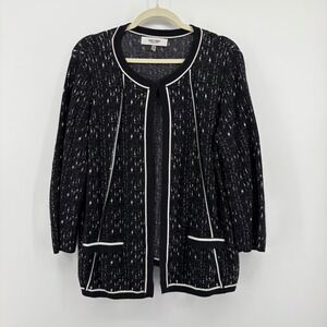Jones Studio Cardigan Black‎ White Women XL Open Front Pockets Contrast Trim
